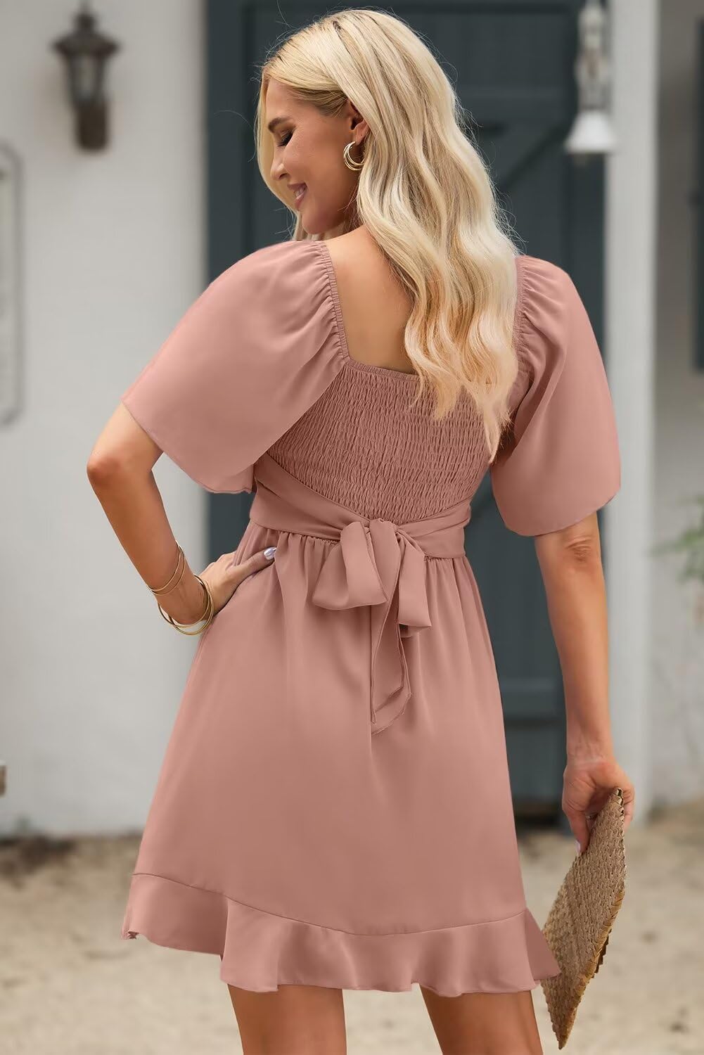 Women V Neck Wedding Guest Dress Smocked Elastic Waist Tiered Belted Mini Dress