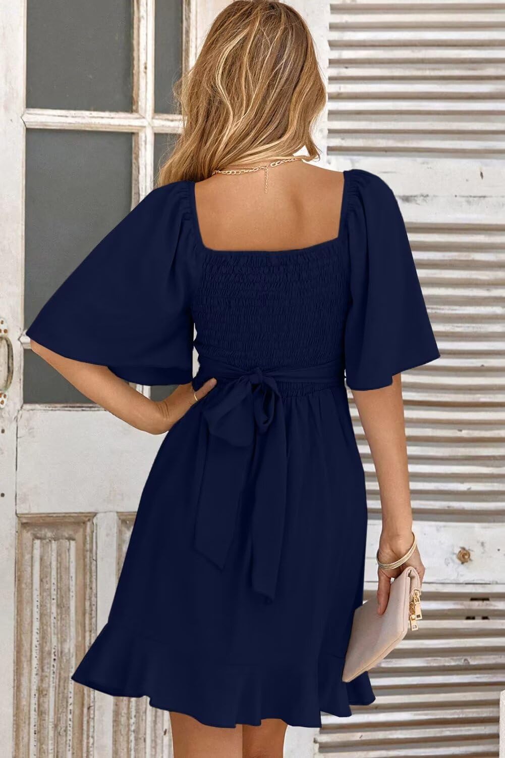Women V Neck Wedding Guest Dress Smocked Elastic Waist Tiered Belted Mini Dress