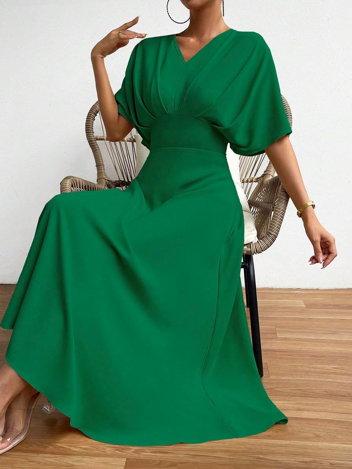 Women V Neck Ruched Evening Long Dress