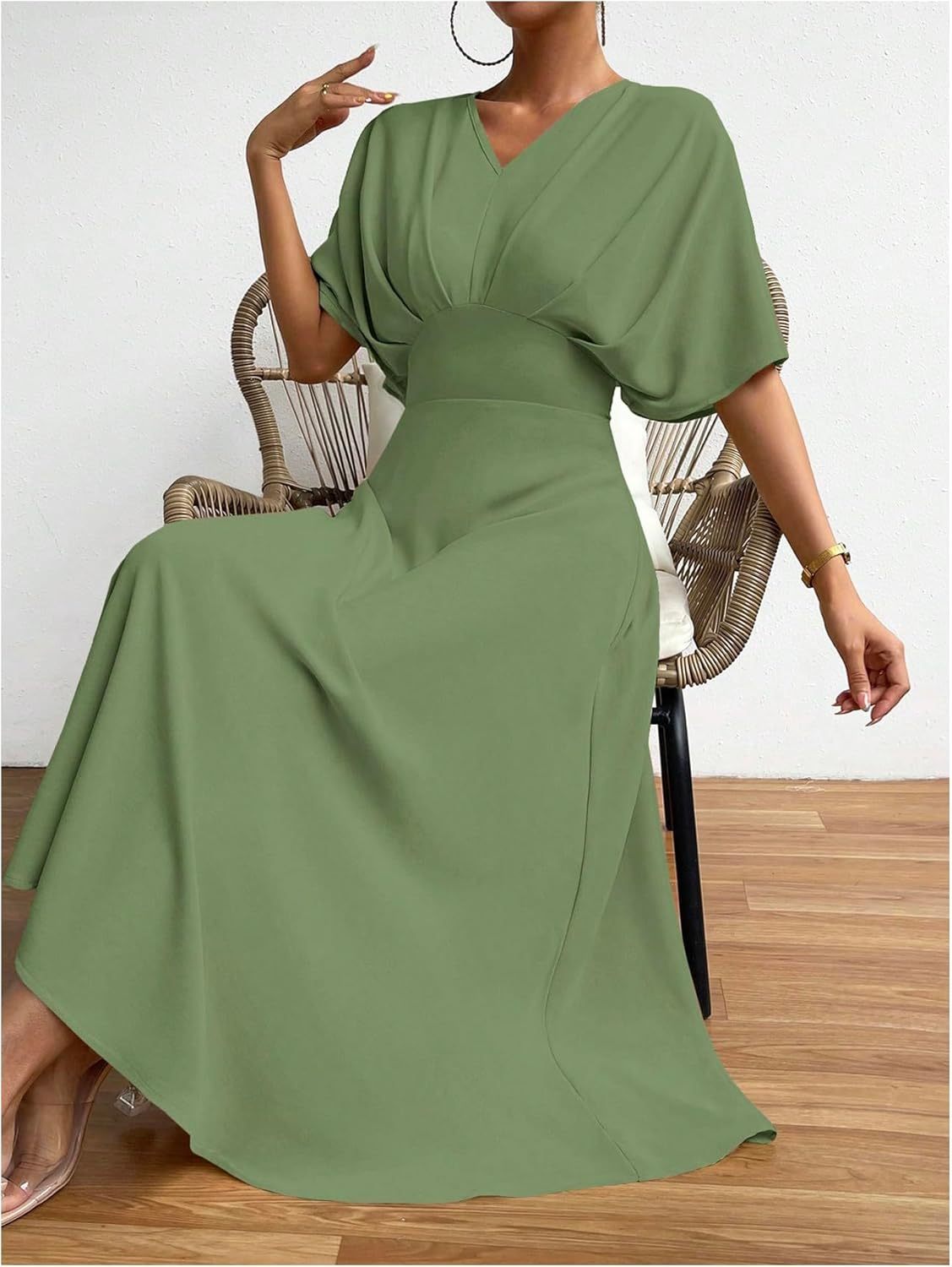 Women V Neck Ruched Evening Long Dress