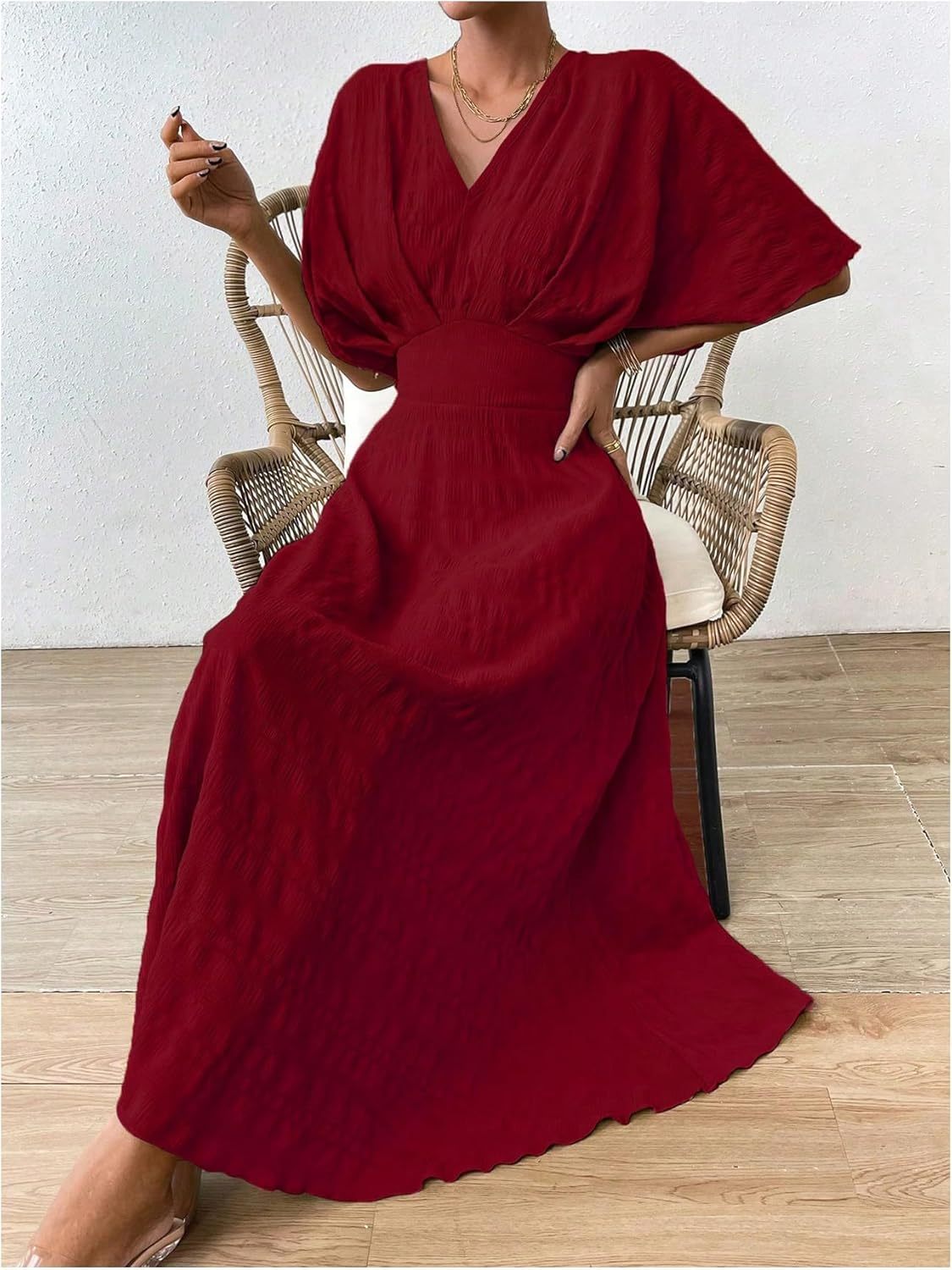 Women V Neck Ruched Evening Long Dress