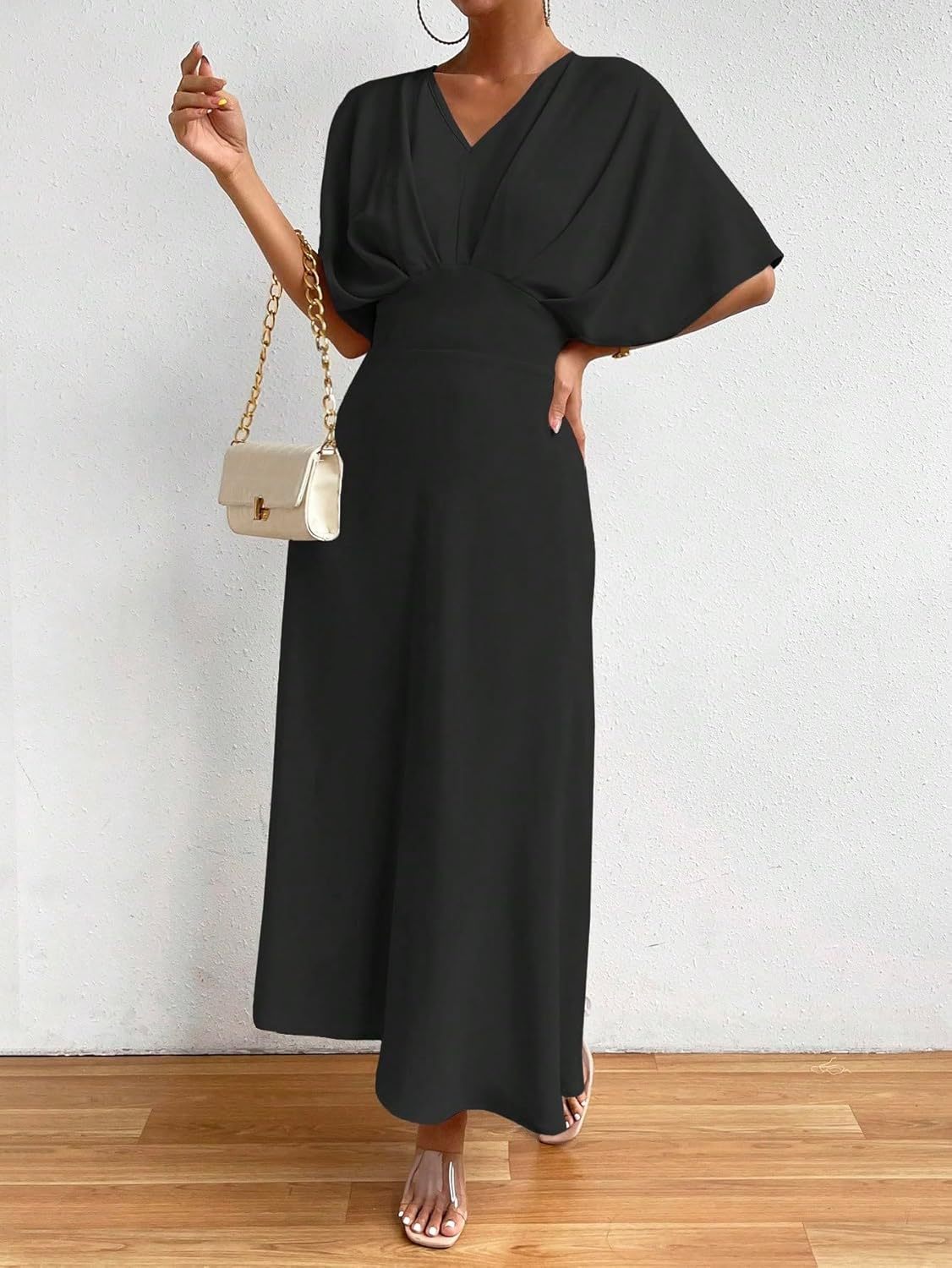 Women V Neck Ruched Evening Long Dress