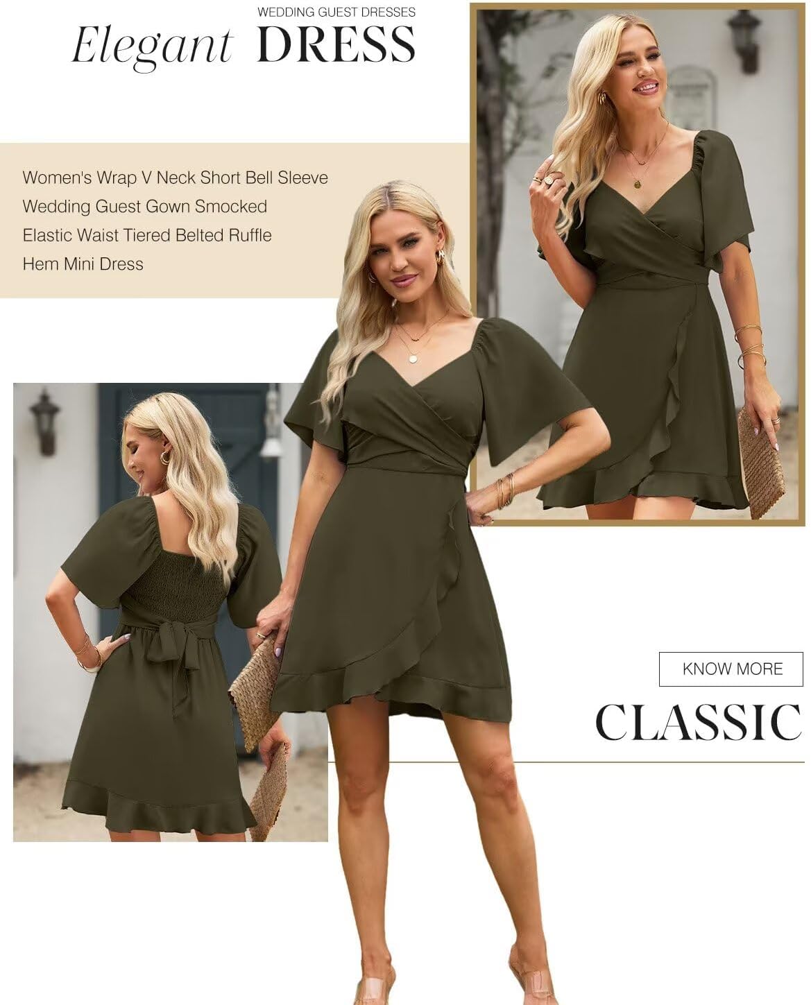 Women V Neck Wedding Guest Dress Smocked Elastic Waist Tiered Belted Mini Dress