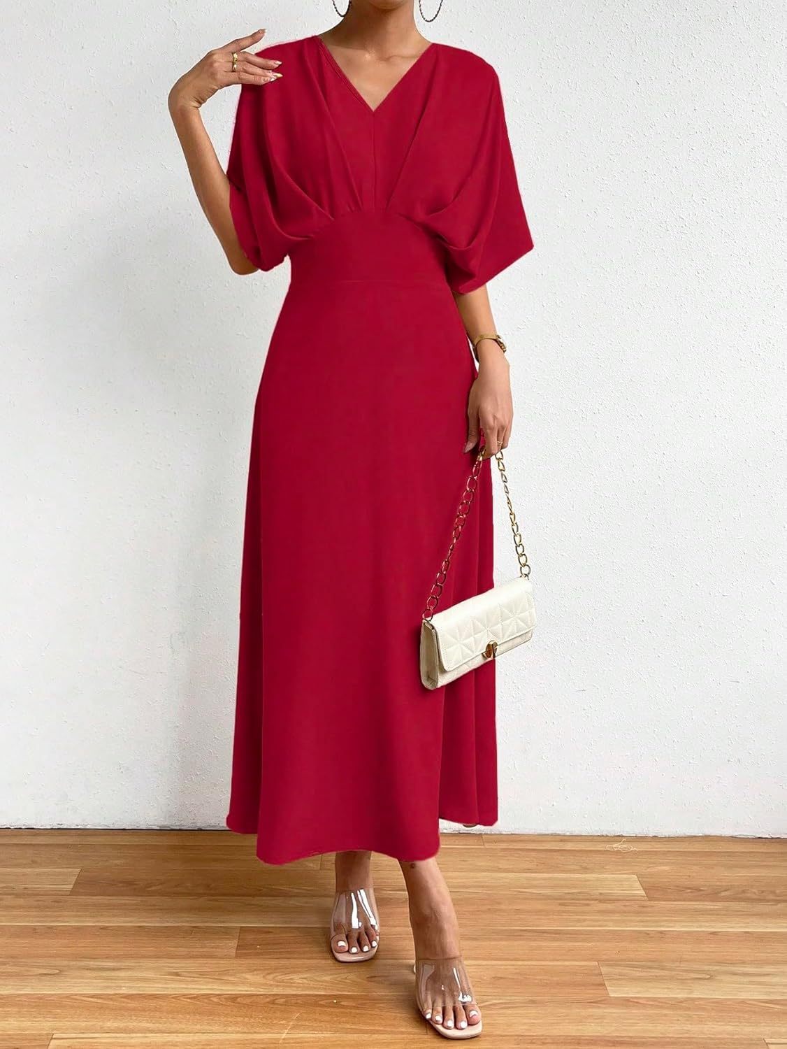 Women V Neck Ruched Evening Long Dress
