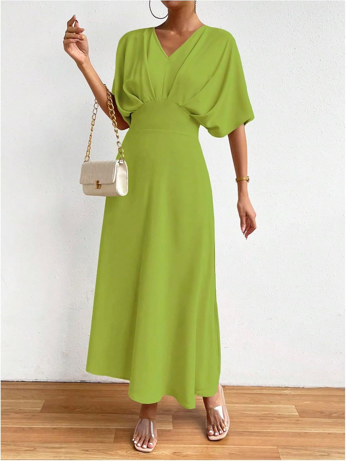 Women V Neck Ruched Evening Long Dress
