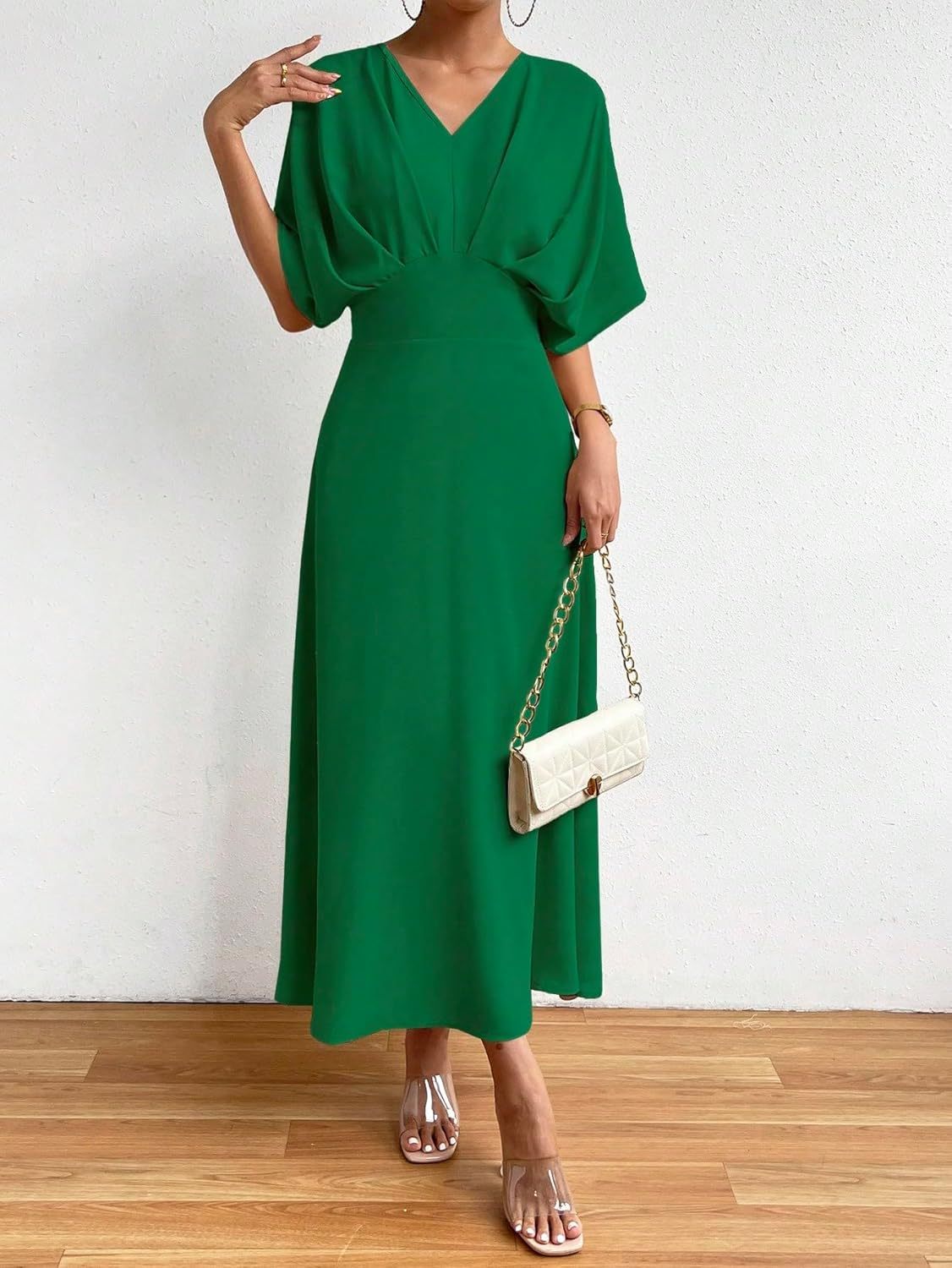 Women V Neck Ruched Evening Long Dress