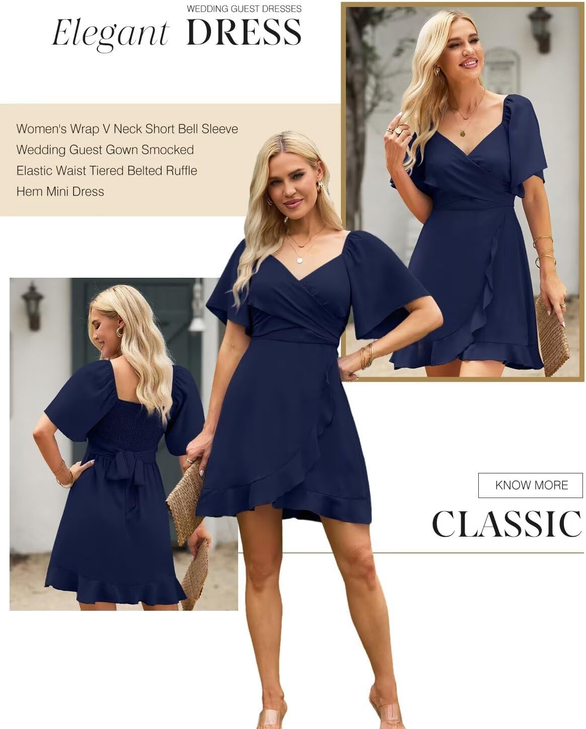 Women V Neck Wedding Guest Dress Smocked Elastic Waist Tiered Belted Mini Dress