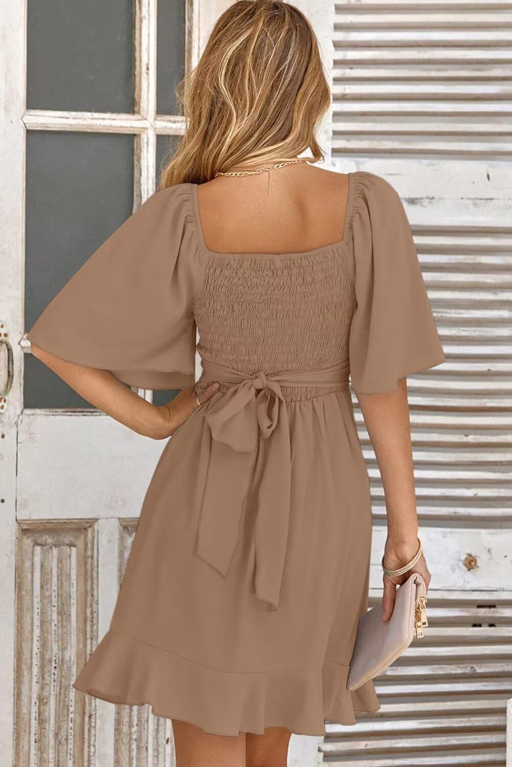 Women V Neck Wedding Guest Dress Smocked Elastic Waist Tiered Belted Mini Dress