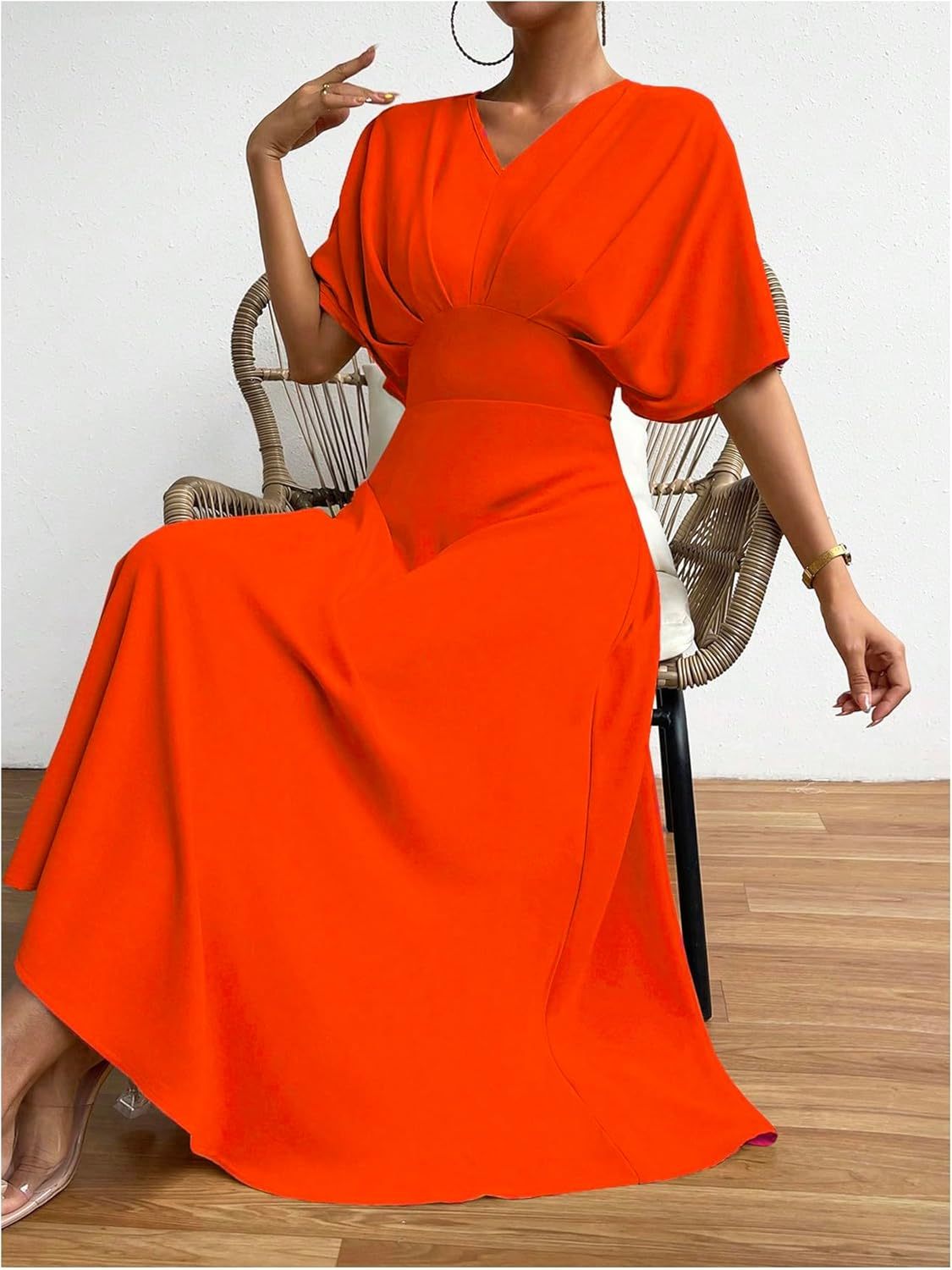 Women V Neck Ruched Evening Long Dress