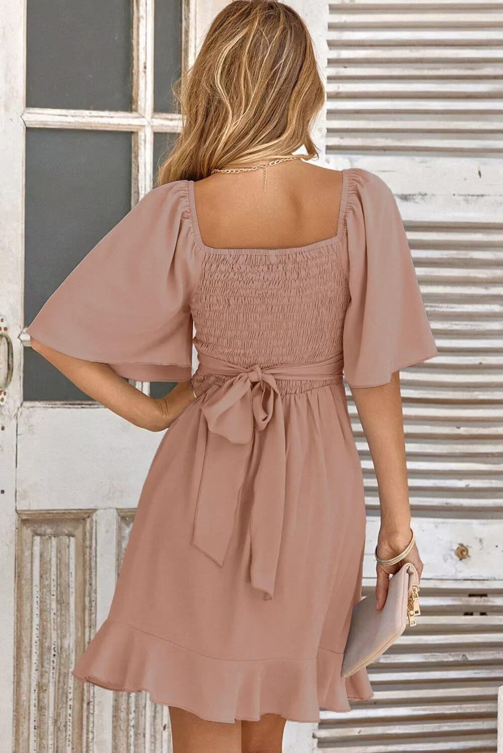 Women V Neck Wedding Guest Dress Smocked Elastic Waist Tiered Belted Mini Dress