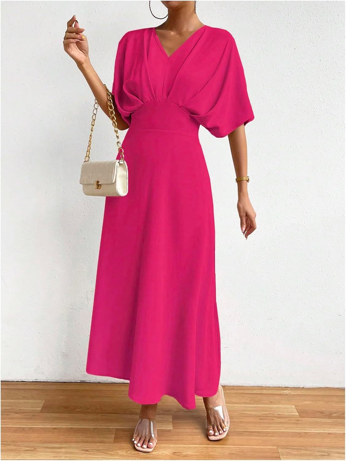Women V Neck Ruched Evening Long Dress