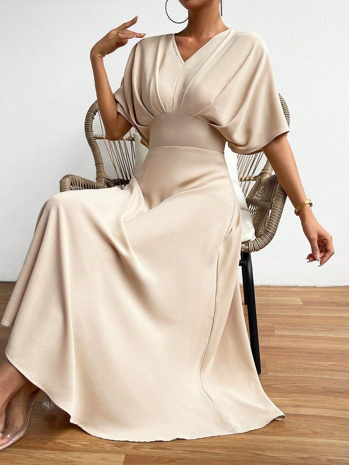 Women V Neck Ruched Evening Long Dress
