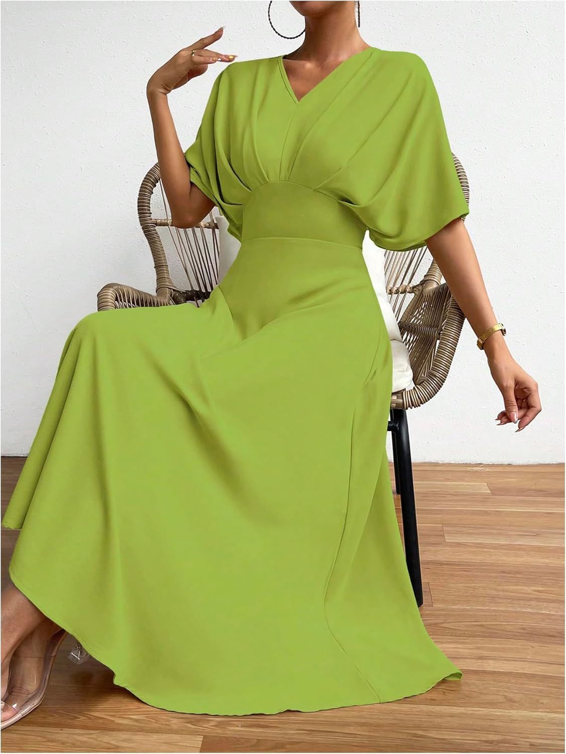 Women V Neck Ruched Evening Long Dress