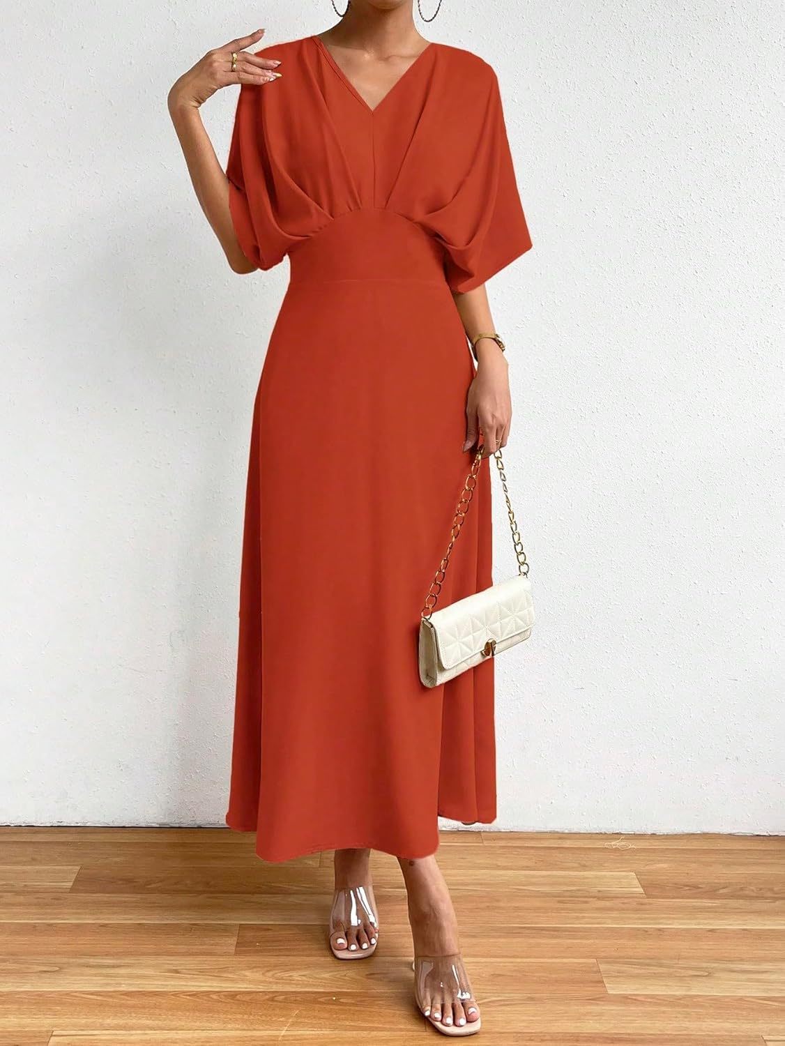 Women V Neck Ruched Evening Long Dress