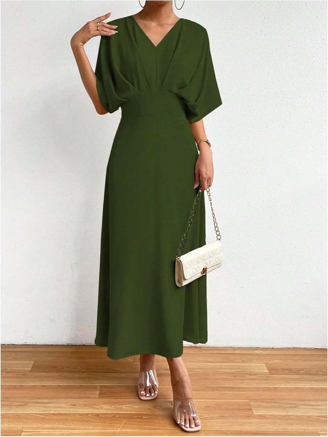 Women V Neck Ruched Evening Long Dress