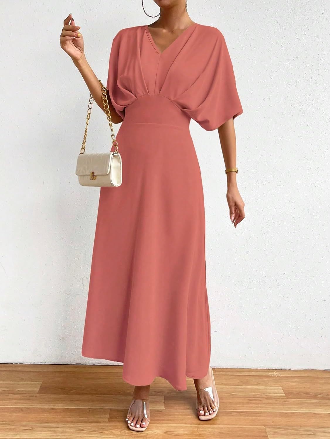 Women V Neck Ruched Evening Long Dress