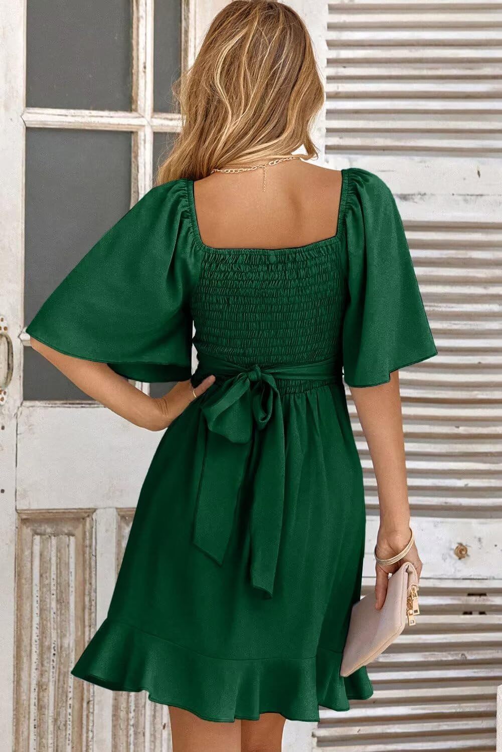 Women V Neck Wedding Guest Dress Smocked Elastic Waist Tiered Belted Mini Dress