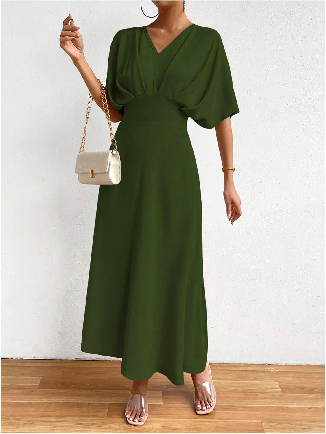 Women V Neck Ruched Evening Long Dress