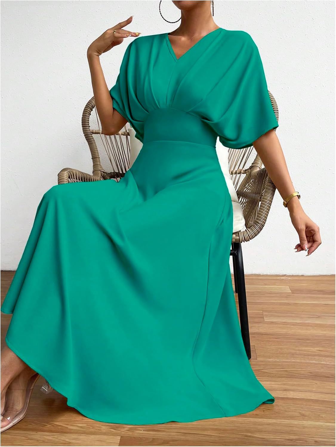 Women V Neck Ruched Evening Long Dress
