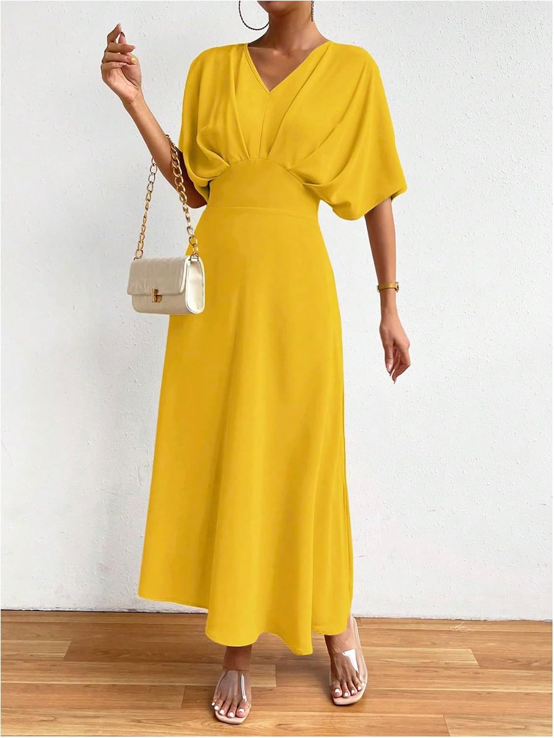 Women V Neck Ruched Evening Long Dress