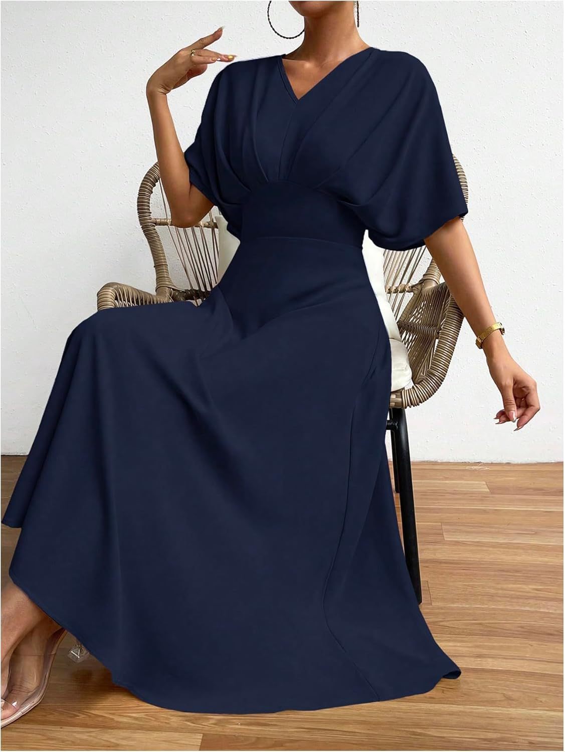 Women V Neck Ruched Evening Long Dress