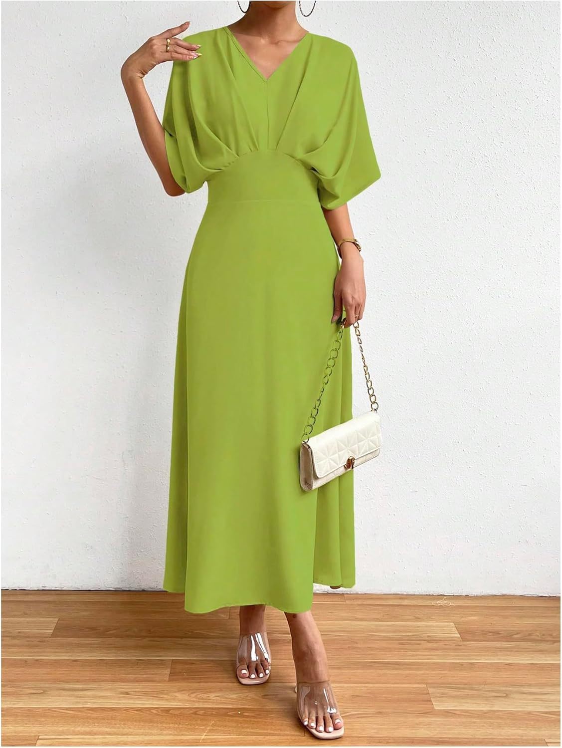 Women V Neck Ruched Evening Long Dress