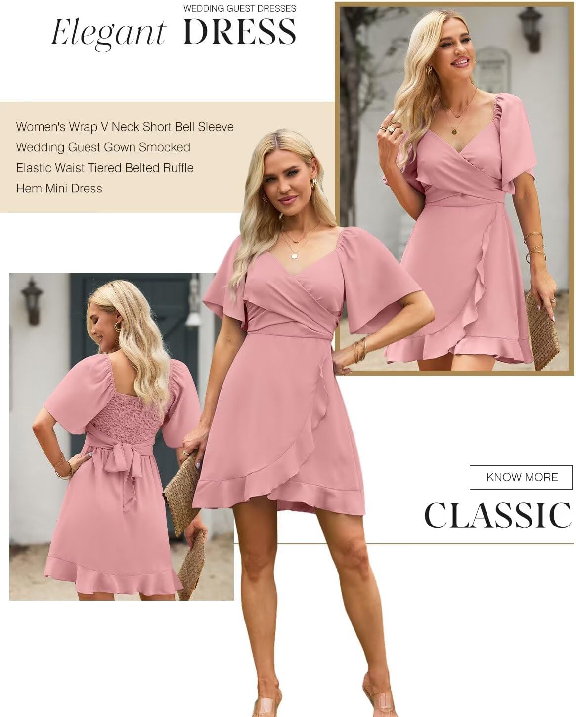 Women V Neck Wedding Guest Dress Smocked Elastic Waist Tiered Belted Mini Dress
