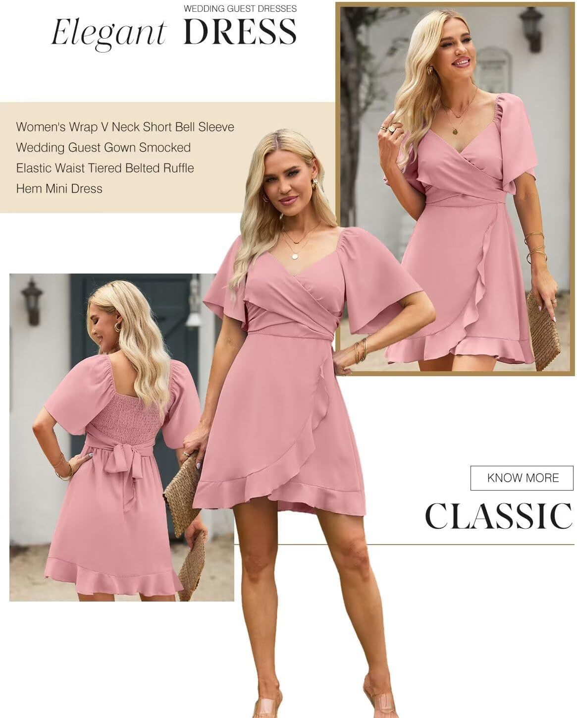 Women V Neck Wedding Guest Dress Smocked Elastic Waist Tiered Belted Mini Dress