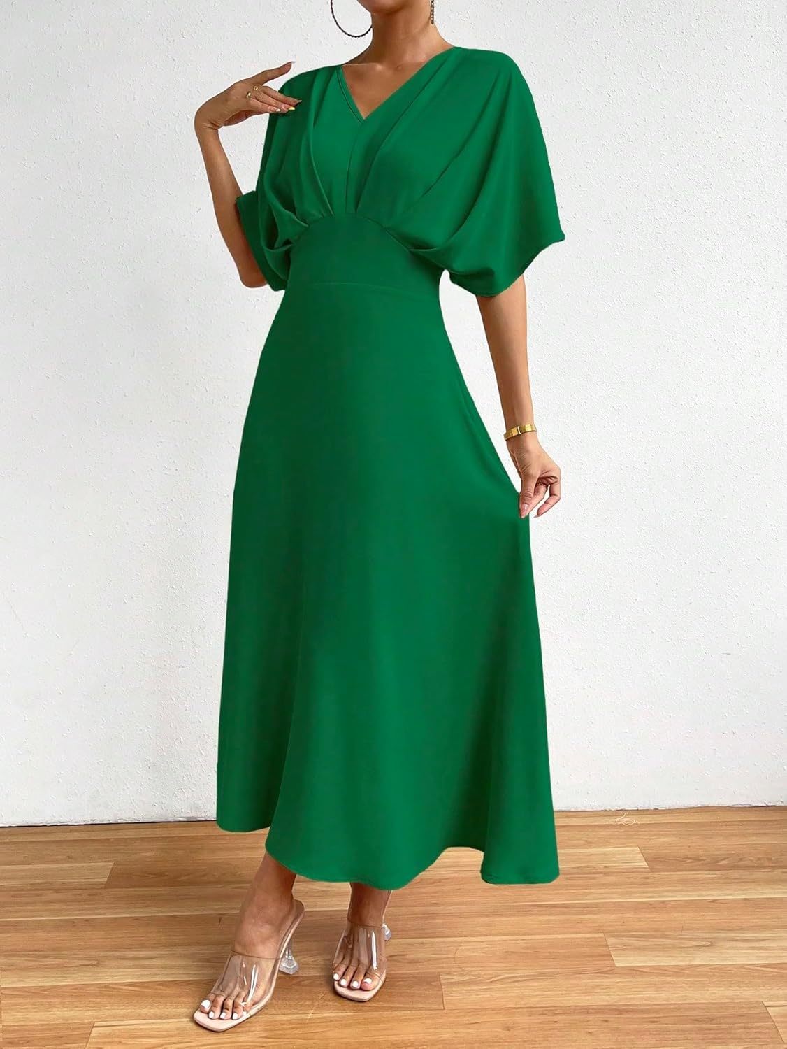Women V Neck Ruched Evening Long Dress