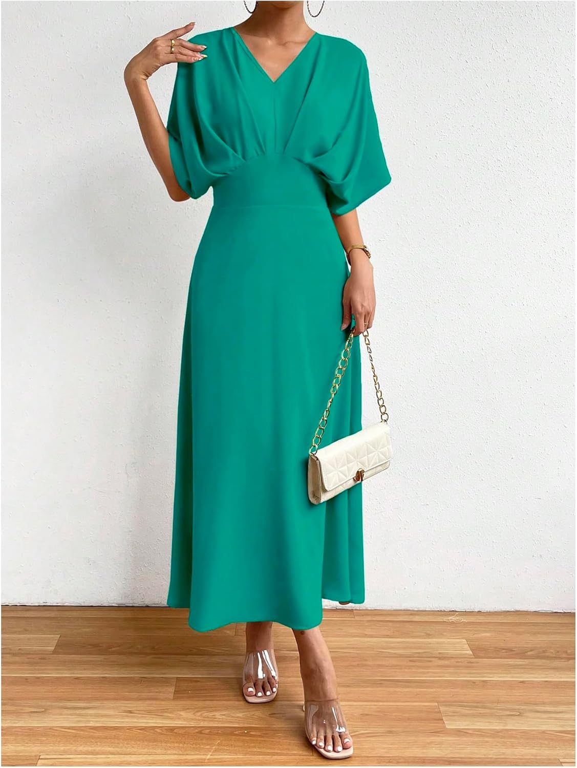 Women V Neck Ruched Evening Long Dress