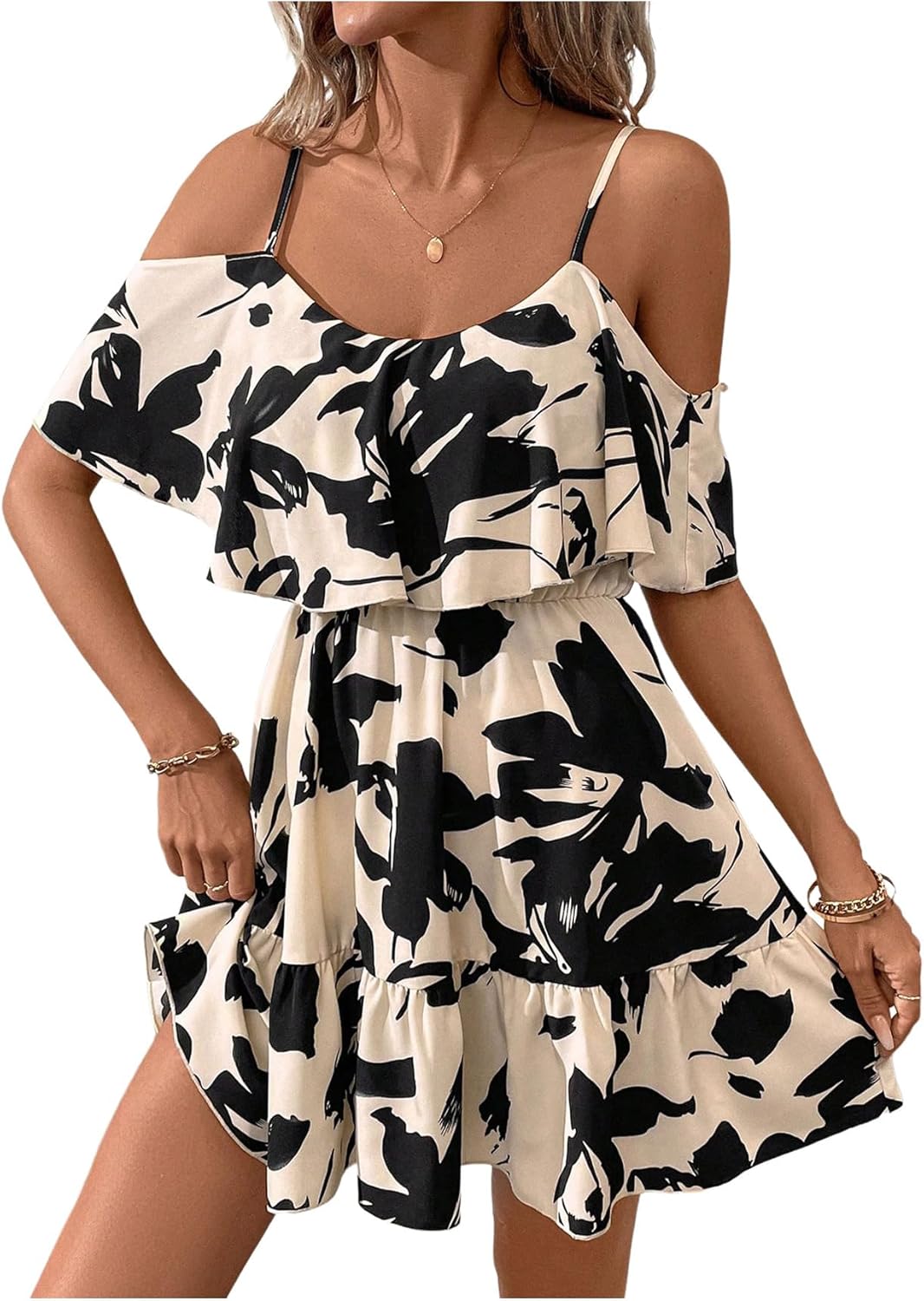 Women Cold Shoulder Dress Short Sleeve Vacation Elegant Mini Dresses