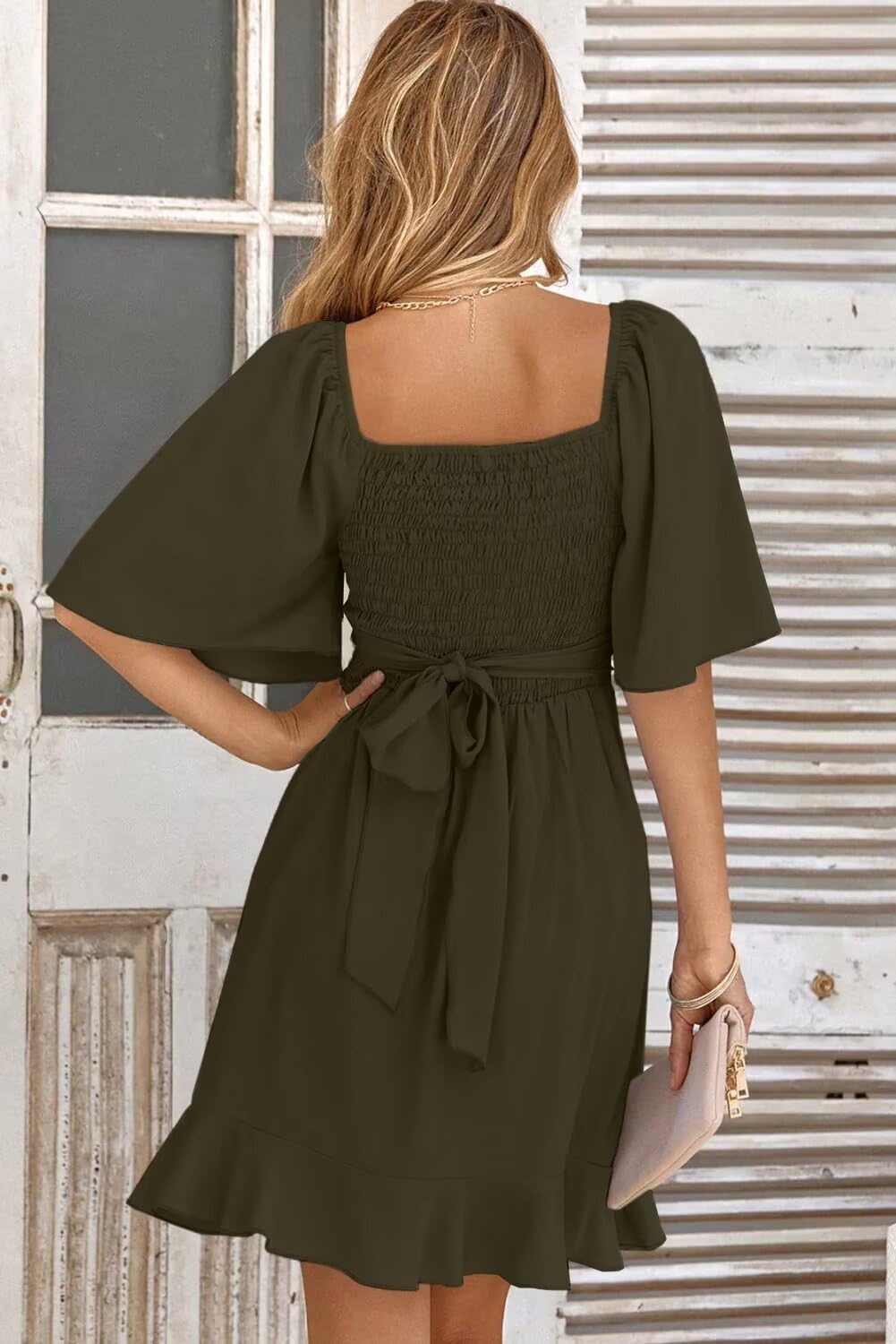 Women V Neck Wedding Guest Dress Smocked Elastic Waist Tiered Belted Mini Dress