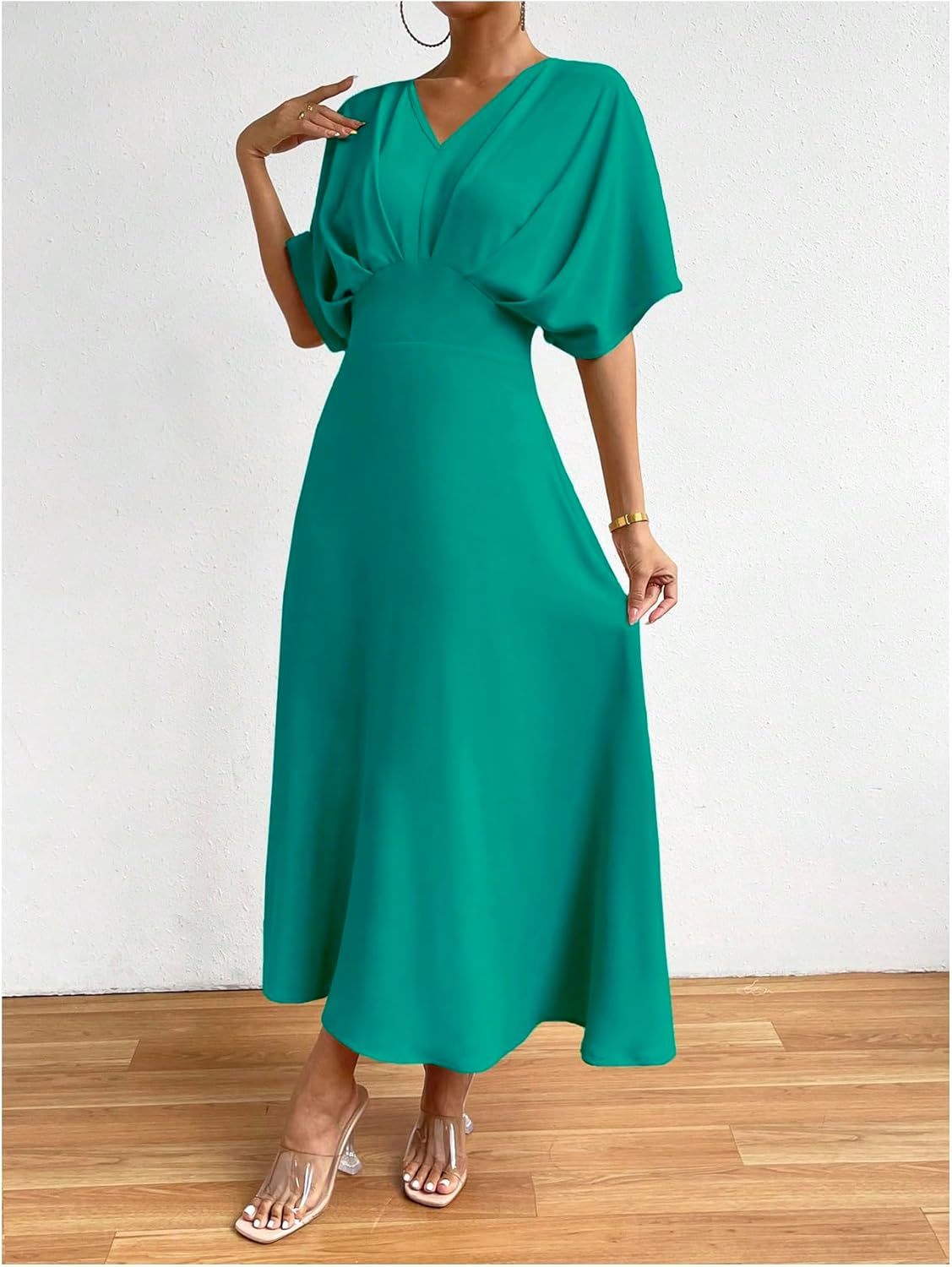 Women V Neck Ruched Evening Long Dress