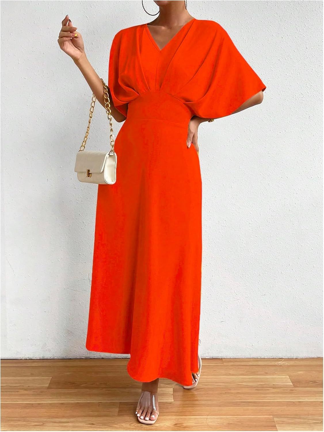 Women V Neck Ruched Evening Long Dress
