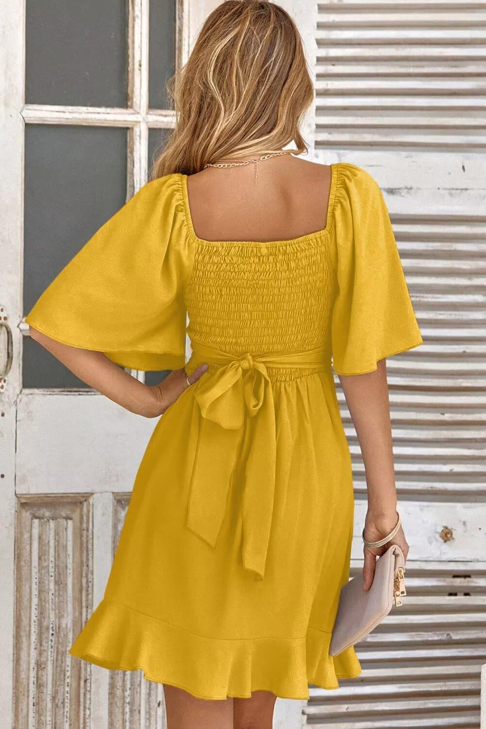 Women V Neck Wedding Guest Dress Smocked Elastic Waist Tiered Belted Mini Dress