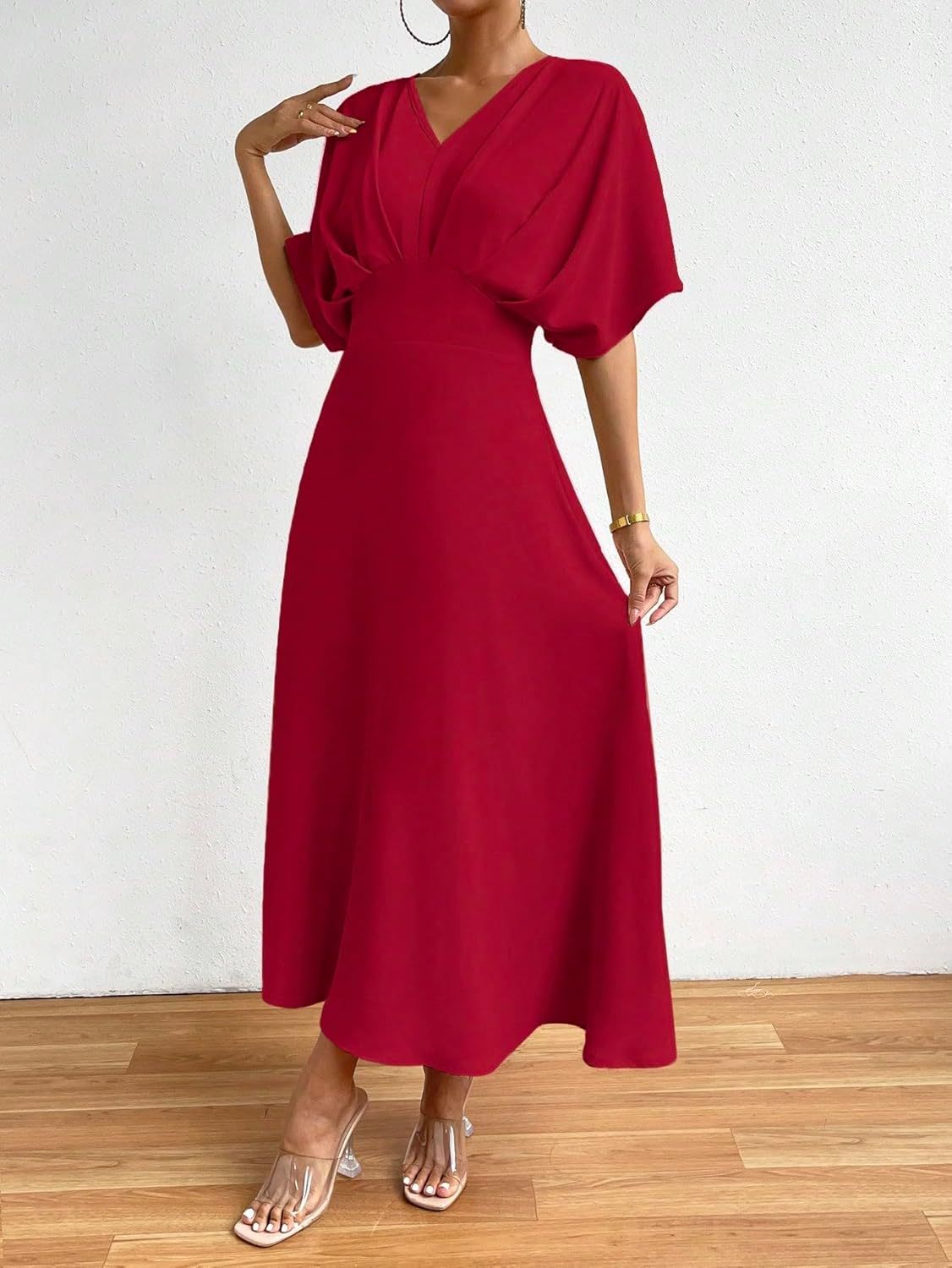 Women V Neck Ruched Evening Long Dress
