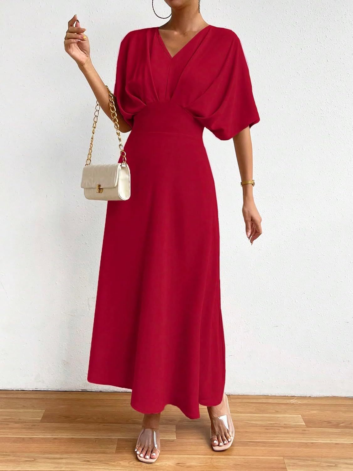 Women V Neck Ruched Evening Long Dress