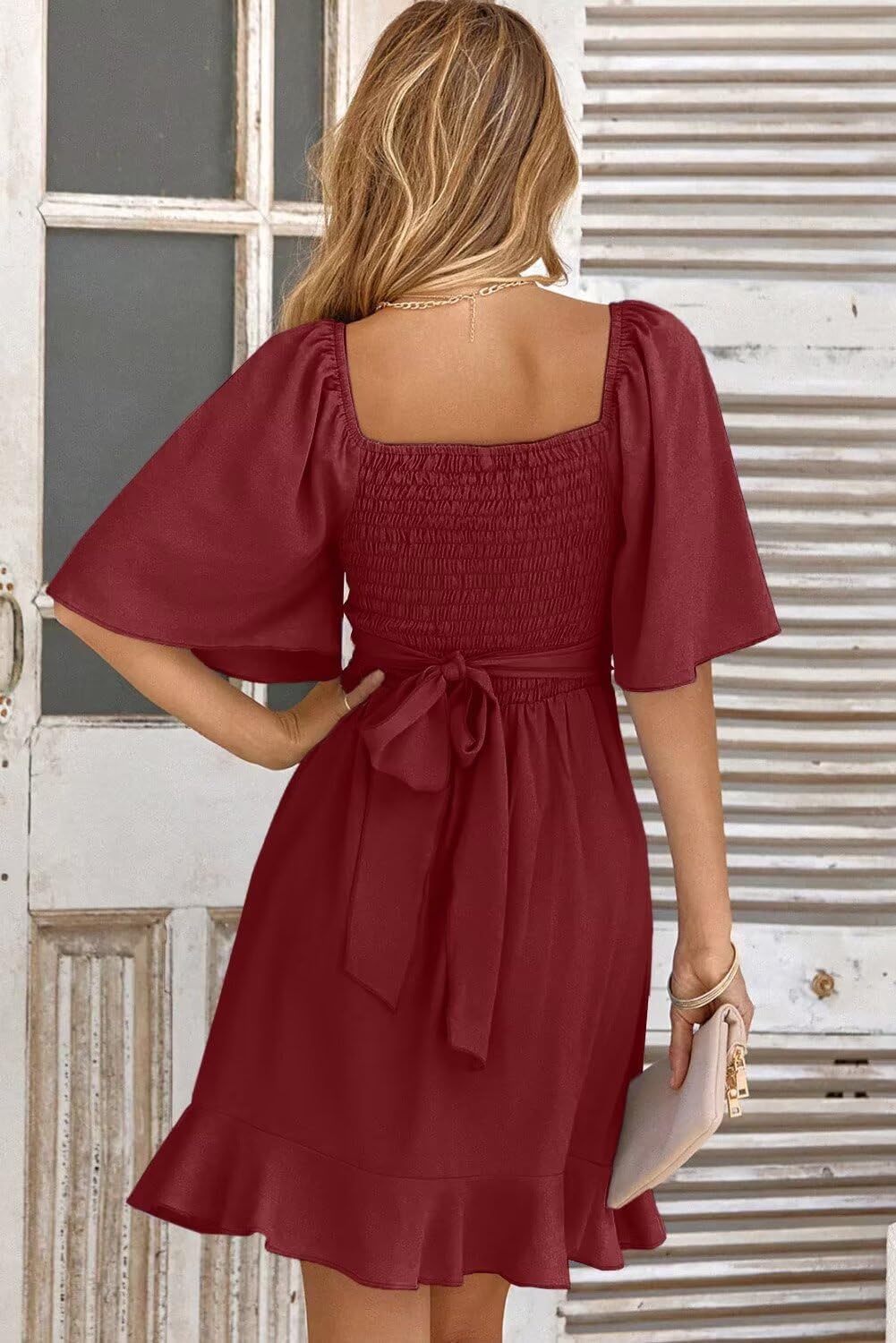 Women V Neck Wedding Guest Dress Smocked Elastic Waist Tiered Belted Mini Dress