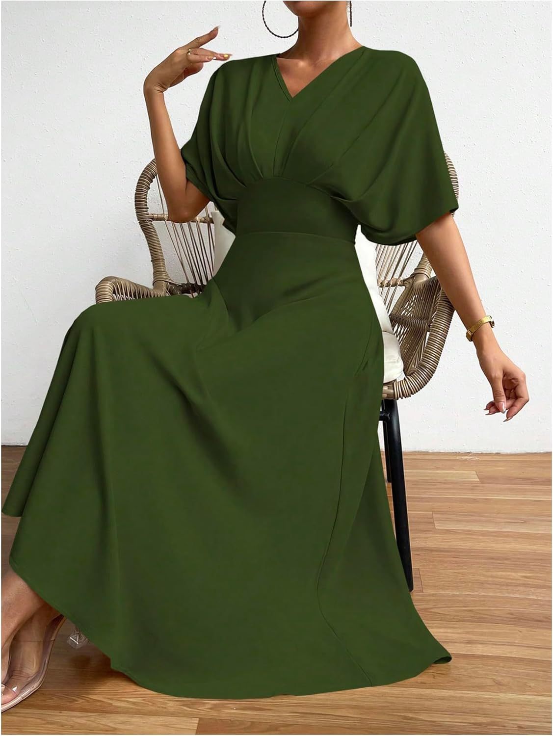 Women V Neck Ruched Evening Long Dress