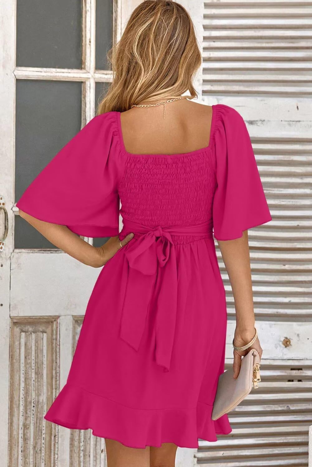 Women V Neck Wedding Guest Dress Smocked Elastic Waist Tiered Belted Mini Dress