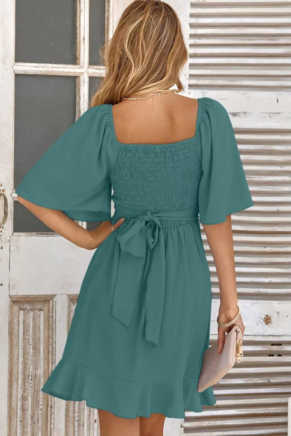 Women V Neck Wedding Guest Dress Smocked Elastic Waist Tiered Belted Mini Dress