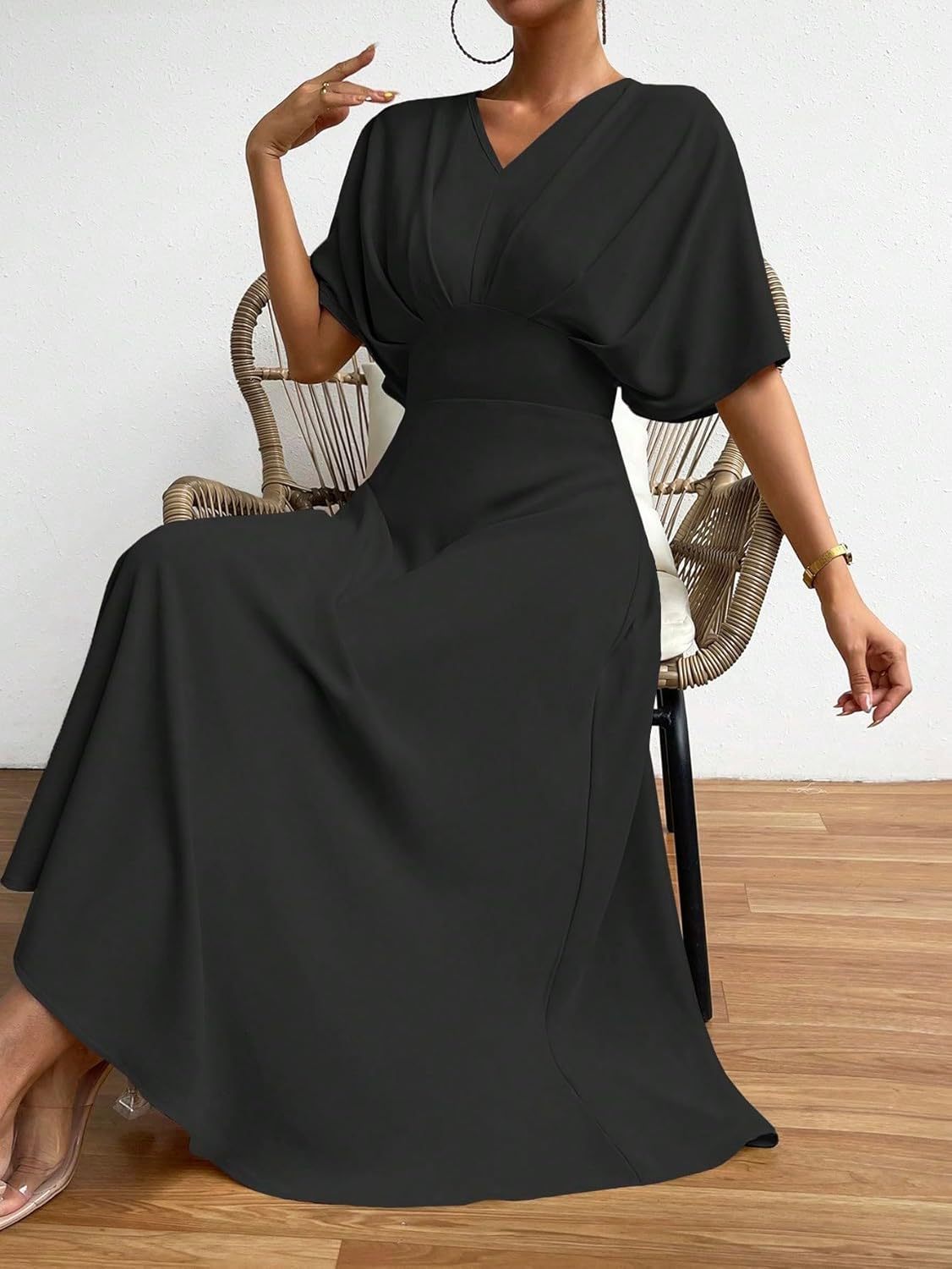 Women V Neck Ruched Evening Long Dress