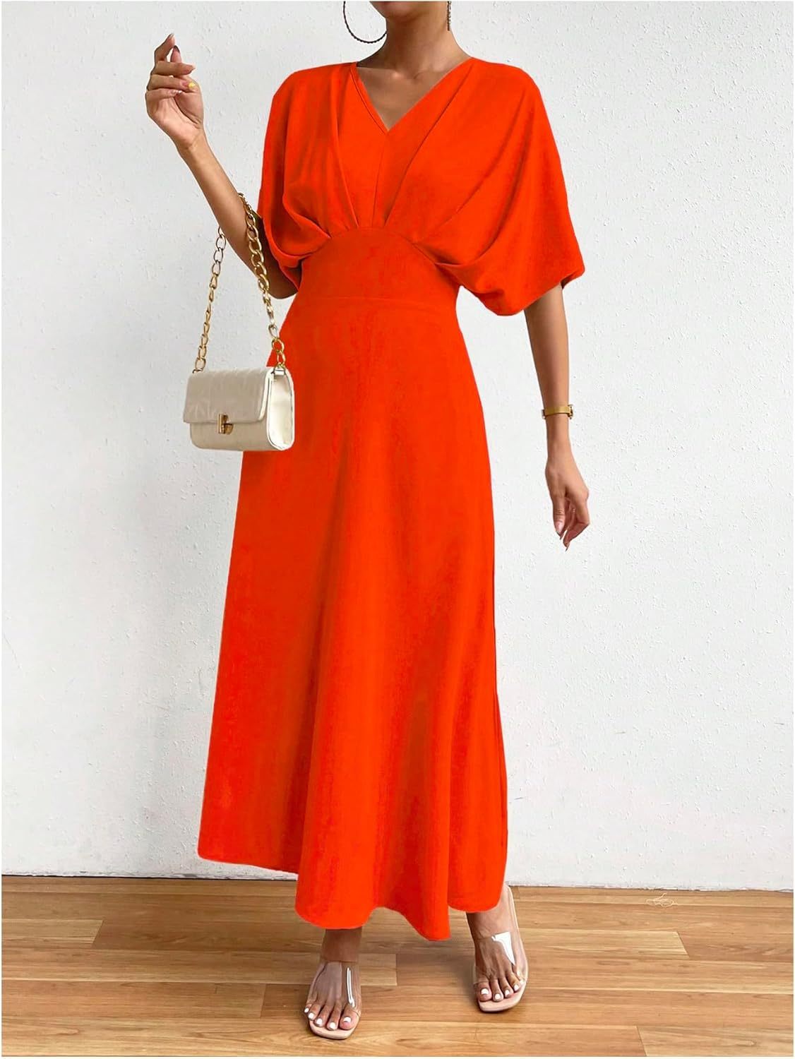Women V Neck Ruched Evening Long Dress
