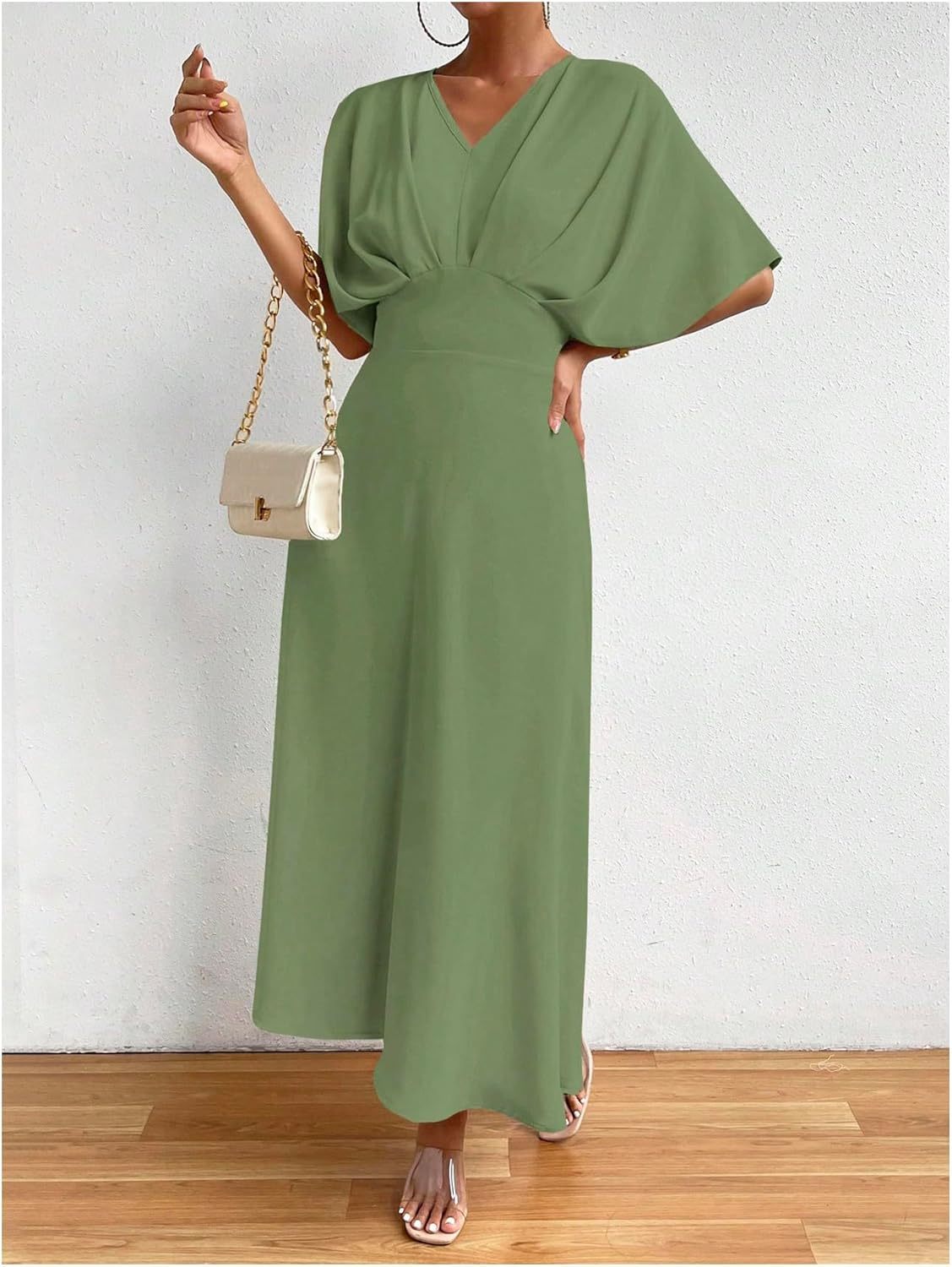 Women V Neck Ruched Evening Long Dress