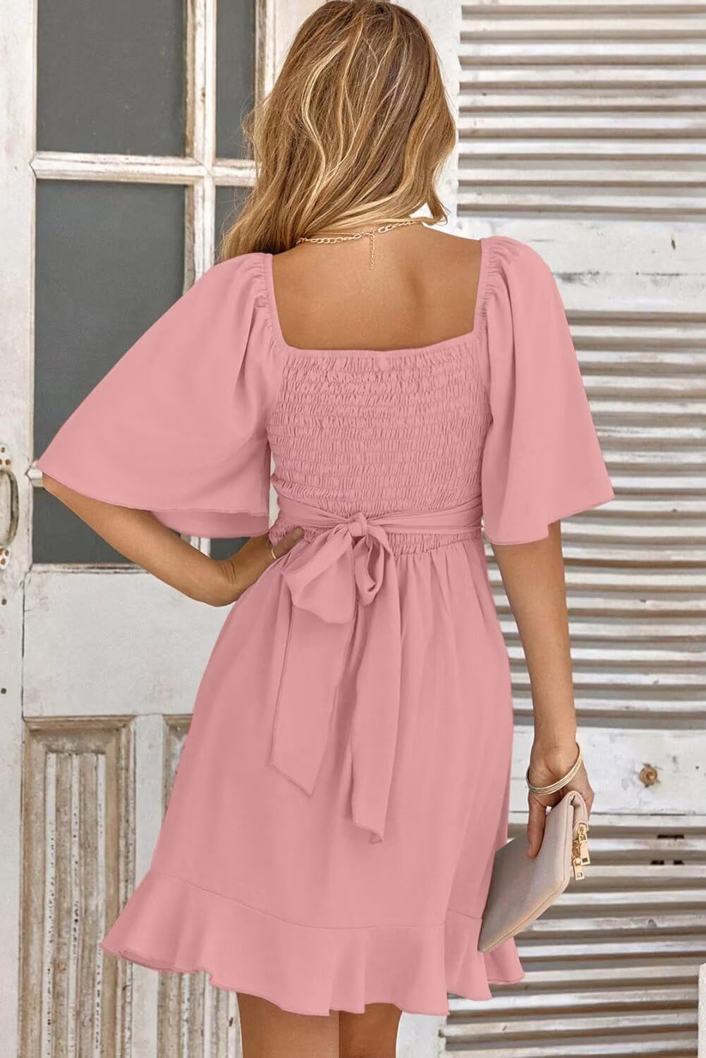 Women V Neck Wedding Guest Dress Smocked Elastic Waist Tiered Belted Mini Dress