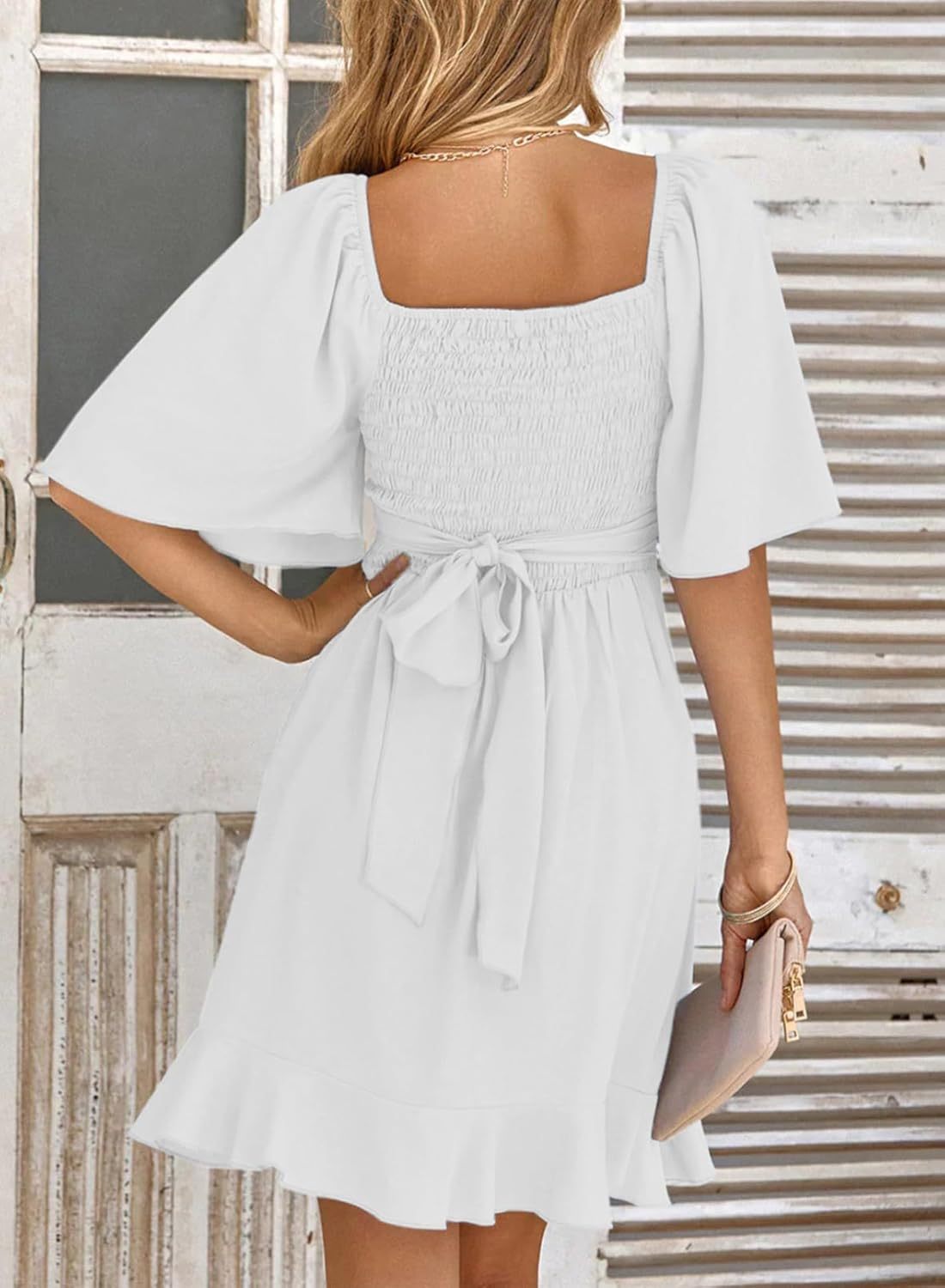 Women V Neck Wedding Guest Dress Smocked Elastic Waist Tiered Belted Mini Dress