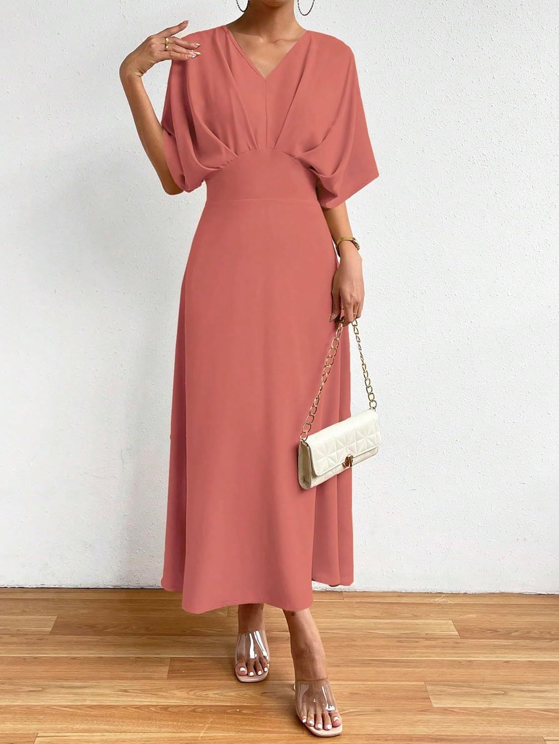 Women V Neck Ruched Evening Long Dress
