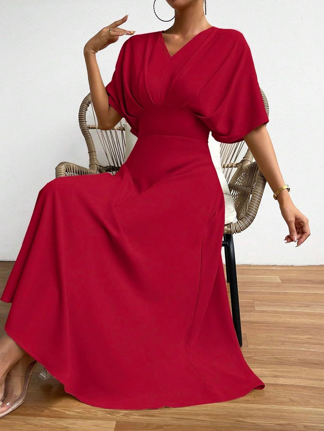 Women V Neck Ruched Evening Long Dress
