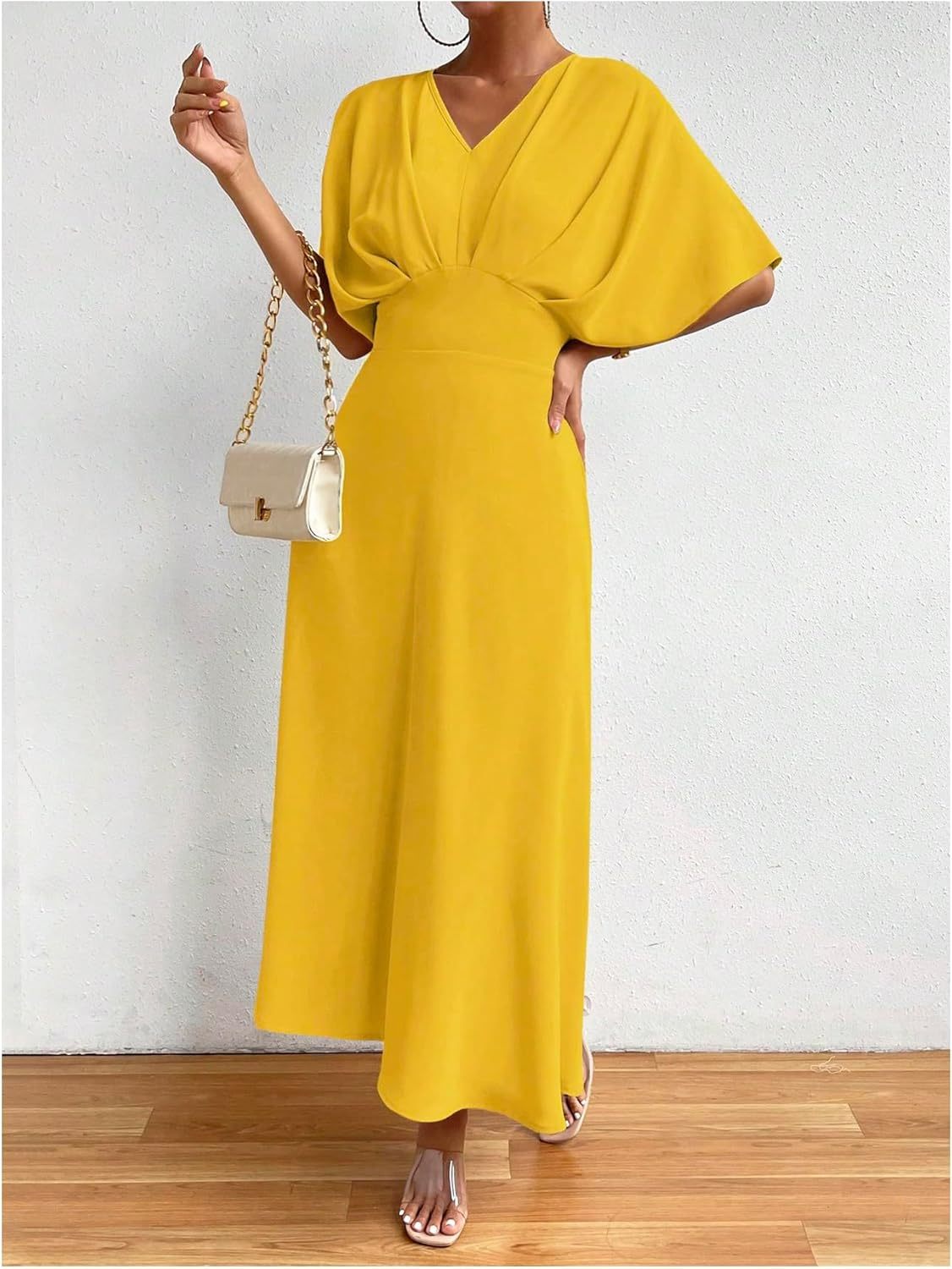 Women V Neck Ruched Evening Long Dress