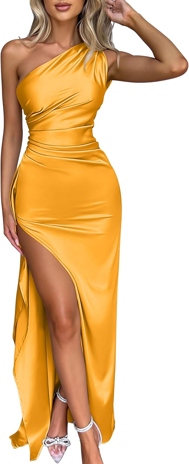 Women Sexy One Shoulder High Split Cocktail Wedding Party Maxi Dress